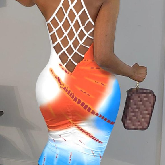 #6. Dress Tie Dye Print Fishnet Backless Bodycon Dress XL - Picture 4 of 8